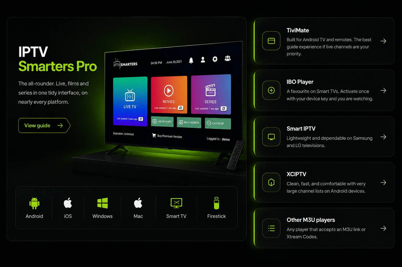 IPTV Smarters Pro running on a television, beside TiviMate, IBO Player, Smart IPTV, XCIPTV and other M3U players.